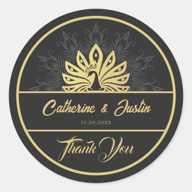 Pegatina Redonda Moderno Art Deco Peacock Gold y Boda negro (Anverso)