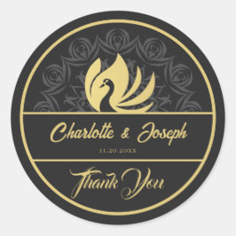 Pegatina Redonda Moderno Art Deco Swan Gold y Black Boda