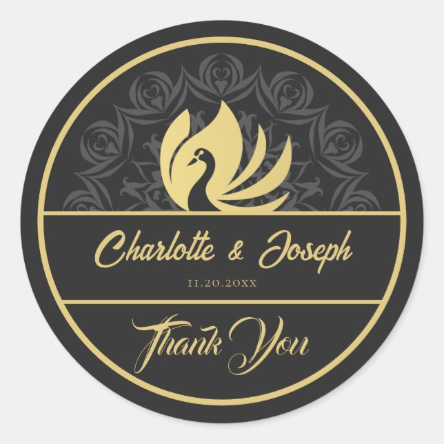 Pegatina Redonda Moderno Art Deco Swan Gold y Black Boda (Anverso)