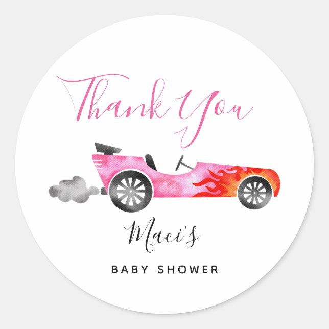 Pegatina Redonda Moderno Baby Shower Favor de autos de carreras ros (Anverso)