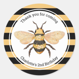 Pegatina Redonda Moderno Black Yellow Stripes Bee Birthday Party
