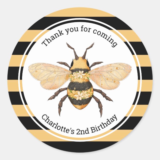 Pegatina Redonda Moderno Black Yellow Stripes Bee Birthday Party (Anverso)