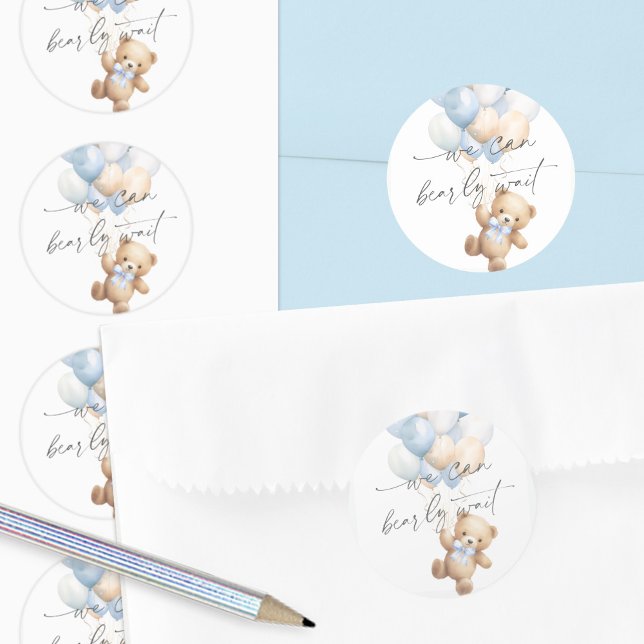 Pegatina Redonda Moderno Blue Bearly Wait baby Boy Shower (Blue We Can Bearly Wait, baby Boy Shower Envelope Seals.)