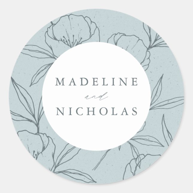 Pegatina Redonda Moderno Boda de la Marina Botánica Floral Azul y S (Anverso)