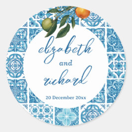 Pegatina Redonda Moderno Boda mediterráneo de azulejos de limón azu