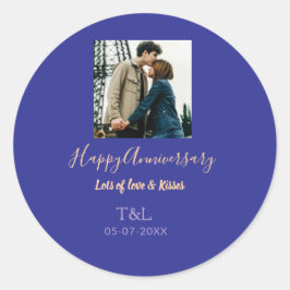 Pegatina Redonda moderno boho feliz aniversario agregar nombre azul