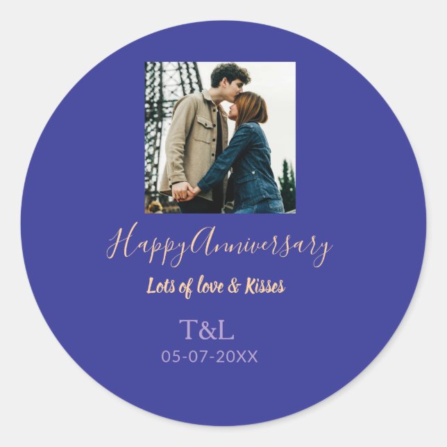 Pegatina Redonda moderno boho feliz aniversario agregar nombre azul (Anverso)