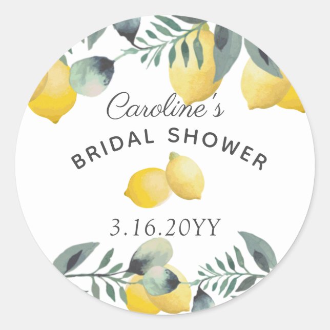 Pegatina Redonda Moderno Boho Summer Lemons Greenery Bridal Shower (Anverso)