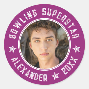 Pegatina Redonda Moderno Bowling Superstar Nombre Pink Púrpura Foto