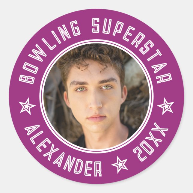 Pegatina Redonda Moderno Bowling Superstar Nombre Pink Púrpura Foto (Anverso)