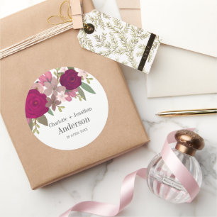 Pegatina Redonda Moderno Burgundy Garden Flores Boda Nombre Pareja
