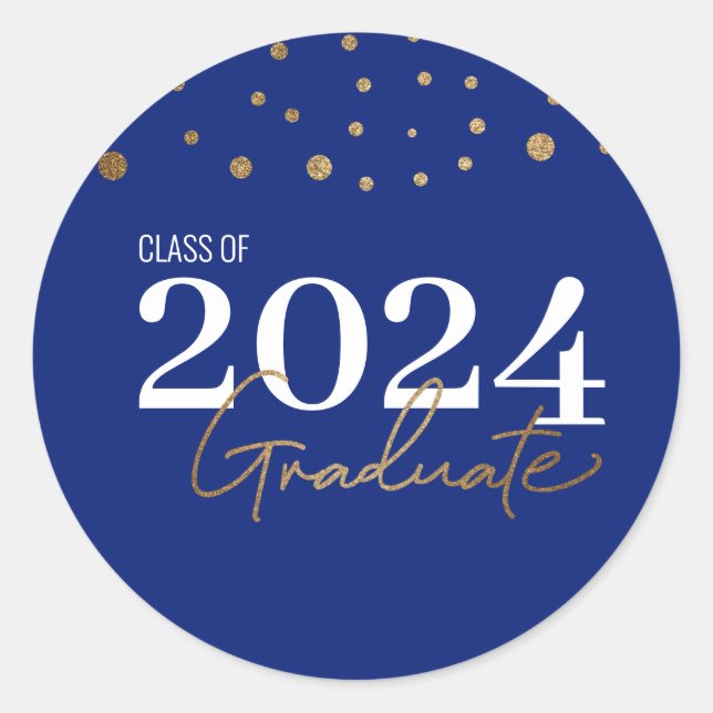 Pegatina Redonda Moderno Confetti Blue Gold Class de 2024 Graduado (Anverso)