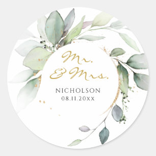 Pegatina Redonda Moderno Eucalyptus Greenery Gold Mr. y Mrs. Classi