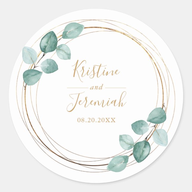 Pegatina Redonda Moderno Eucalyptus Watercolor Gold Script Boda (Anverso)