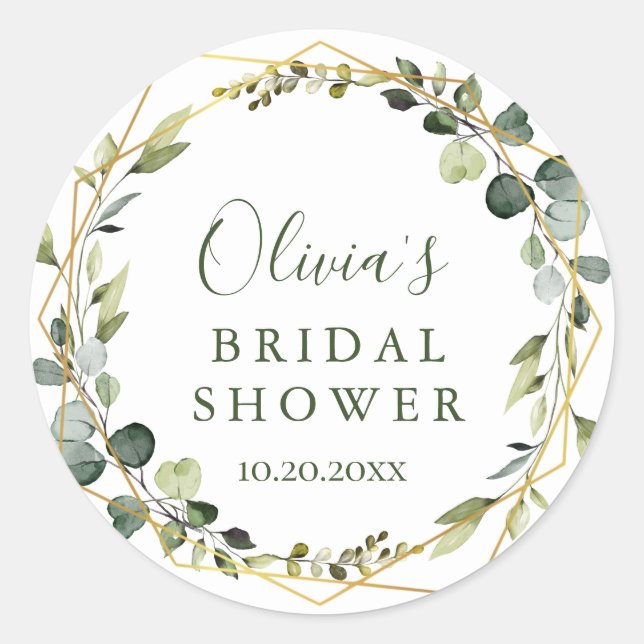 Pegatina Redonda Moderno Eucalyptus Wreath Bridal Shower Boho (Anverso)