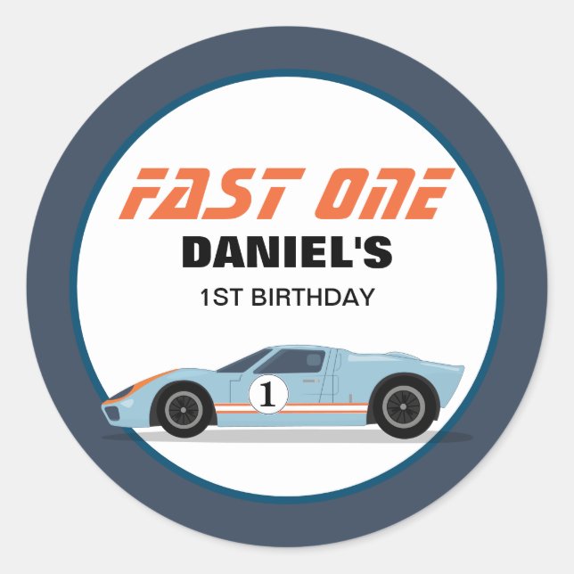 Pegatina Redonda Moderno Fast One Race Car Boy Primer Cumpleaños (Anverso)