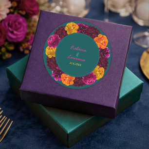 Pegatina Redonda Moderno floral rosa verde amarillo