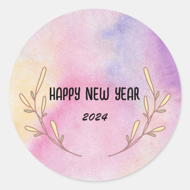 Pegatina Redonda Moderno Gradiente acuarela floral Feliz Año Nuevo (Anverso)