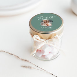 Pegatina Redonda Moderno guión verde sage foto graduación elegante