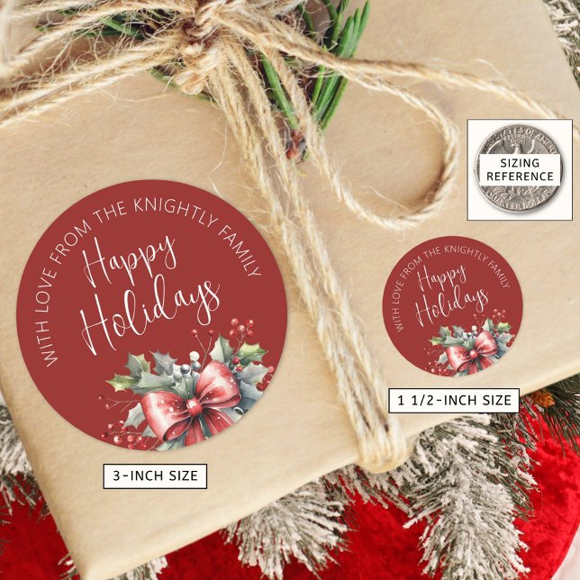 Pegatina Redonda Moderno Happy Holidays Script Red Bow From Name (Subido por el creador)