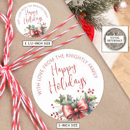 Pegatina Redonda Moderno Happy Holidays Script Red Bow From Name