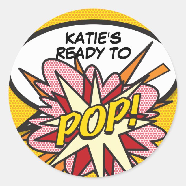 Pegatina Redonda Moderno listo para la diversión de Baby Shower POP (Anverso)