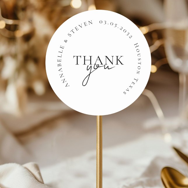 Pegatina Redonda Moderno, mínimo, Boda (THANK YOU! Modern, Minimal, White, Wedding Classic Round Sticker with your name and date)