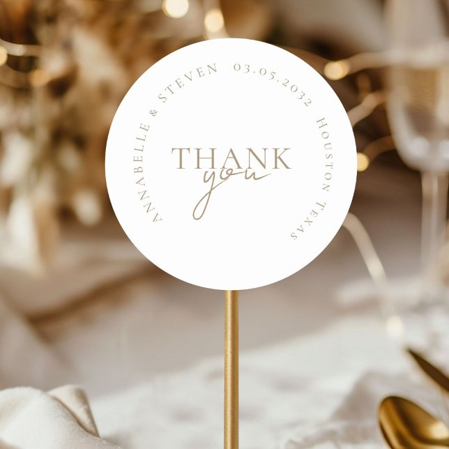Pegatina Redonda Moderno, mínimo, Boda (THANK YOU! Modern, Minimal, Wedding Classic Round Sticker with your name and date)