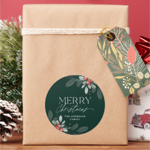 Pegatina Redonda Moderno Mínimo Feliz Navidad Verde
