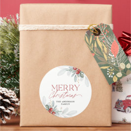 Pegatina Redonda Moderno Mínimo Feliz Navidad Verde