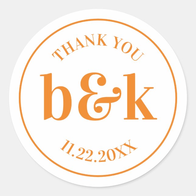 Pegatina Redonda Moderno Mínimo Monograma Iniciales Naranja Boda Cl (Anverso)