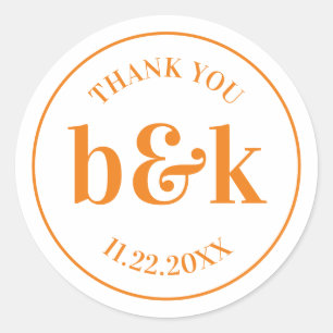 Pegatina Redonda Moderno Mínimo Monograma Iniciales Naranja Boda Cl