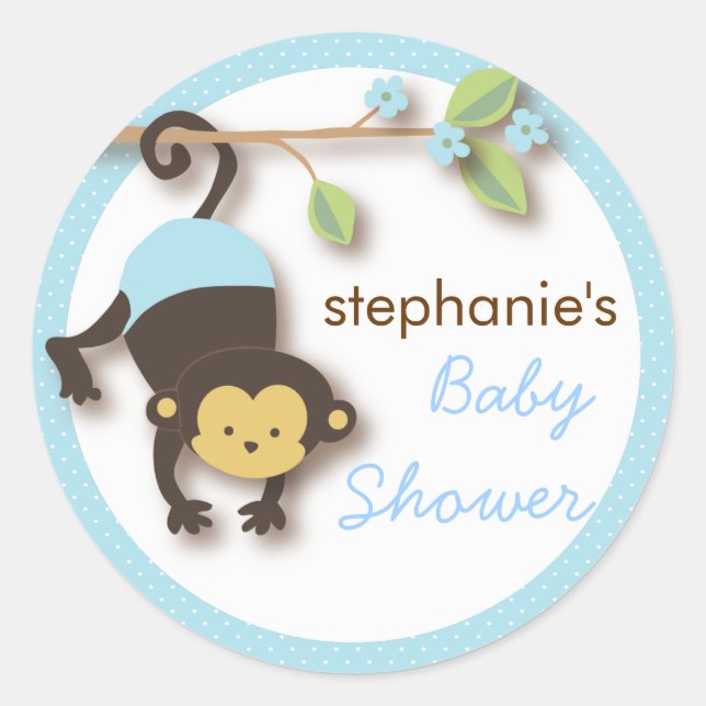 Pegatina Redonda Moderno mono dulce Baby Shower en azul (Anverso)