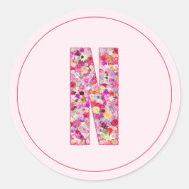 Pegatina Redonda Moderno Monograma De Letra Floral Rosa Elegante N