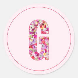 Pegatina Redonda Moderno Monograma De Letra G Floral Rosa Elegante