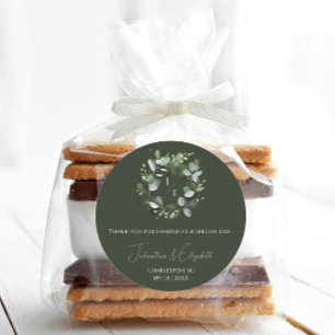 Pegatina Redonda Moderno Monograma Eucalyptus Wreath Verde oscuro