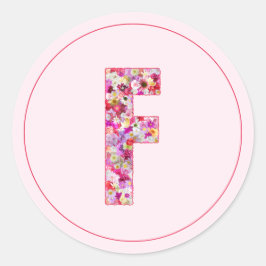 Pegatina Redonda Moderno Monograma Floral Rosa Elegante Letra F