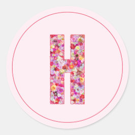 Pegatina Redonda Moderno Monograma Floral Rosa Elegante Letra H