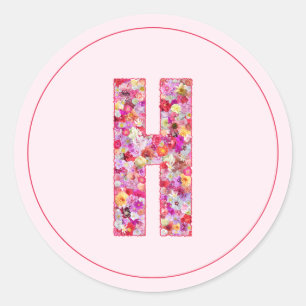 Pegatina Redonda Moderno Monograma Floral Rosa Elegante Letra H