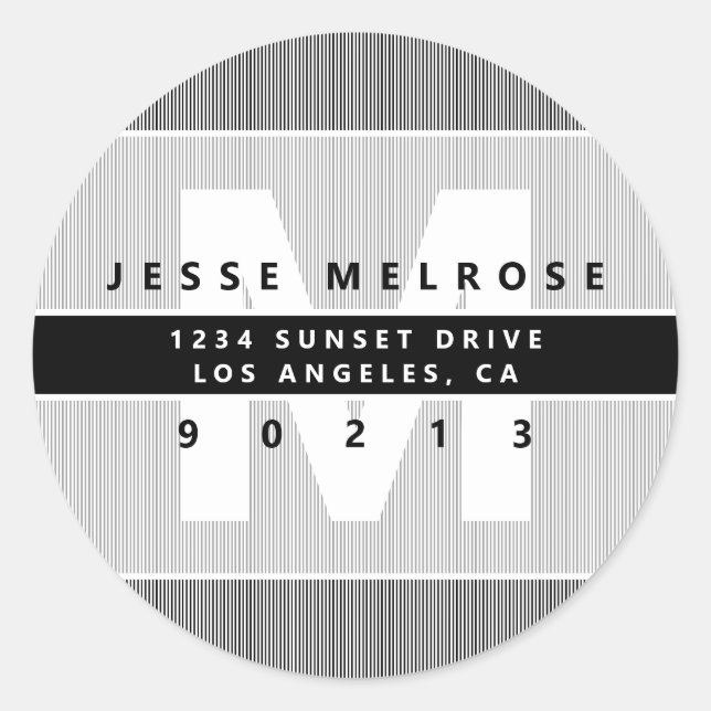 Pegatina Redonda Moderno Monograma y franjas Dirección de retorno d (Anverso)