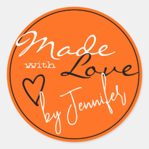 Pegatina Redonda Moderno Naranja brillante negro hecho con corazón 