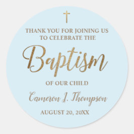 Pegatina Redonda Moderno nombre de oro azul bebé bautismo