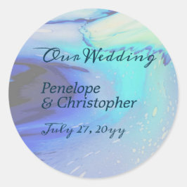 Pegatina Redonda Moderno Ocean Water Blue Abstract Beach Wedding