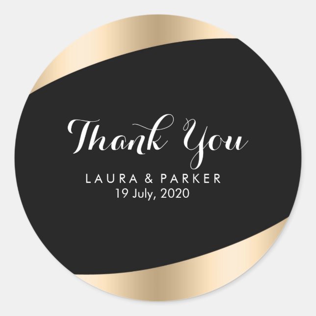 Pegatina Redonda Moderno Oro Negro Limpio Gracias Boda (Anverso)