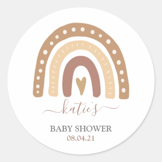 Pegatina Redonda Moderno Pastel Brown Rainbow Boho Baby Shower (Anverso)