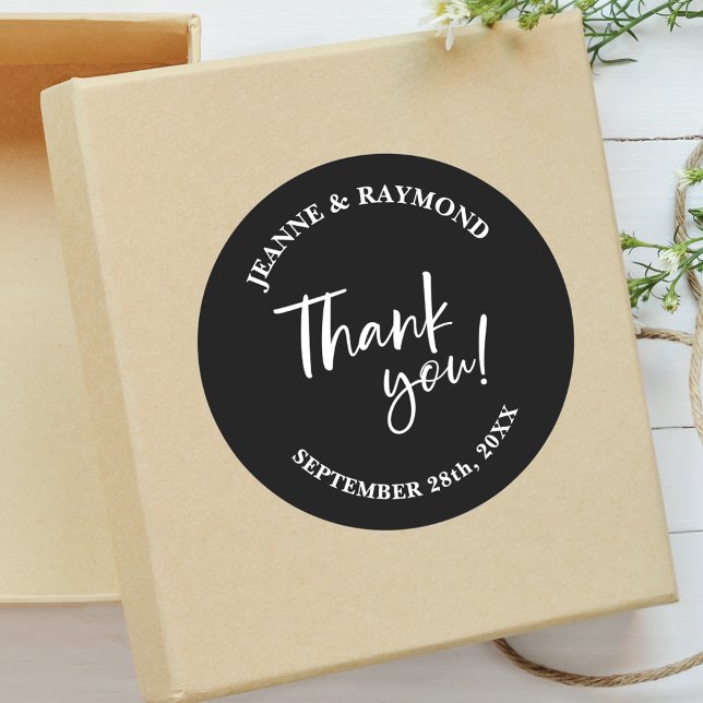 Pegatina Redonda Moderno Personalizado Negro Gracias Script Wedding (Subido por el creador)
