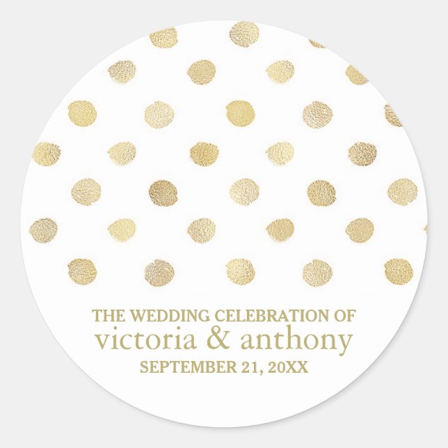 Pegatina Redonda Moderno Polka Blanco y Oro Dots Wedding Favor (Anverso)