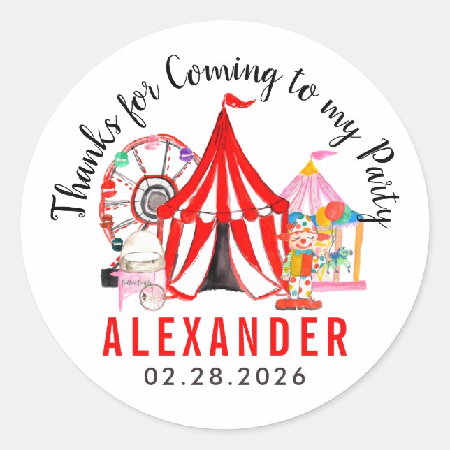 Pegatina Redonda Moderno programa de circo de carnaval gracias cump (Anverso)