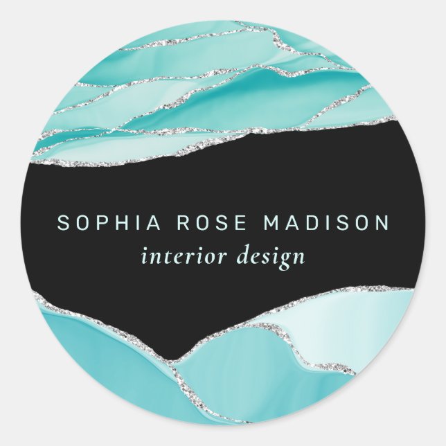 Pegatina Redonda Moderno Purpurina plateado agate acuarela Verde az (Anverso)