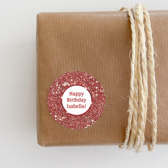 Pegatina Redonda Moderno Red Faux Purpurina Aspecto Personalizado F (Ideal for decorating birthday presents or party favors, for example.)